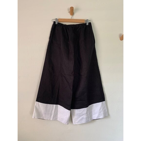 IC By Connie K  Small Wide Leg Black Linen Pants With White Trim & Button Detail - Picture 7 of 13